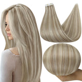 Full Shine Tape in Hair Extensions Remy Hair 12 Inch Color 18 Ash Blonde Highlight 613 Blonde Hair Extensions 30 Gram 20 Pcs Sea