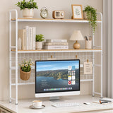 VECELO 2Tier Desktop Bookshelf, Classic White Metal Desk Hutch with Grid Panel, 45.3 Inch Wide Countertop Storage Organizer for