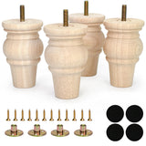 Crawopft 4 Inch Wooden Furniture Legs, Set of 4 Replacement Solid Wood Unfinished Round Furniture Bun Feet for Couch Chair Sofa 