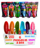 Jumbo Flavored Dill Pickles In A Pouch Sampler Gift Box (Pack of 6-Grape, Cotton Candy, Chamoy, Blue Raz, Tigers Blood, Hot Chil