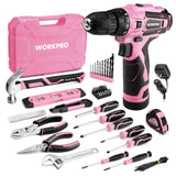 WORKPRO Pink Tool Set with Power Drill, 108PCS Portable Ladies Pink Drill Kit for Home with Toolbox and Pink Hammer, 1.5 Ah Cord