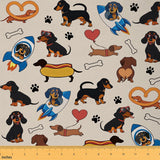 Kawaii Dachshund Fabric by The Yard,Cute Dogs Footprinted Bones Decorative Fabrics,Cartoon Puppy Animals Quilting Supplies for S