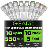 GEARit Cat 6 Ethernet Cable (10-Pack 5 Feet) Cat6 Network Patch, 10Gbps, RJ45, Snagless Cord, Gold-Plated Connectors, Internet f