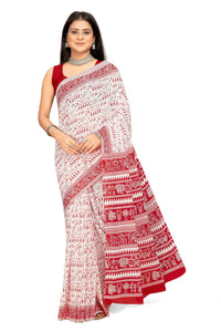 Tamaira Fashion Women's Plain Cotton Saree (2536_White&Red