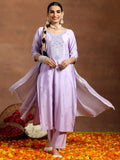 Libas Gerua Womens Embroidered Silk Blend Straight Kurta With Trousers And Dupatta Lavender L