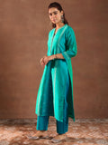 Libas Womens Woven Design Silk Blend Straight Kurta With Trousers And Dupatta Turquoise Blue Xl 49438