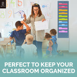 Hippo Creation Blue Pocket Chart for Classroom - 10 Pocket Storage Black Pocket Charts, 3 Over Door Hangers Included, Hanging Wa