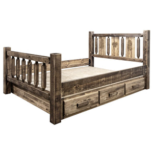 Montana Woodworks Homestead Collection Queen Storage Bed With Laser Engraved Pine Design, Stain & Clear Lacquer Finish