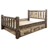 Montana Woodworks Homestead Collection Queen Storage Bed With Laser Engraved Pine Design, Stain & Clear Lacquer Finish