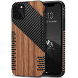 TENDLIN Compatible with iPhone 11 Pro Max Case Wood Grain with Carbon Fiber Texture Design Leather Hybrid Slim Case (Twill)