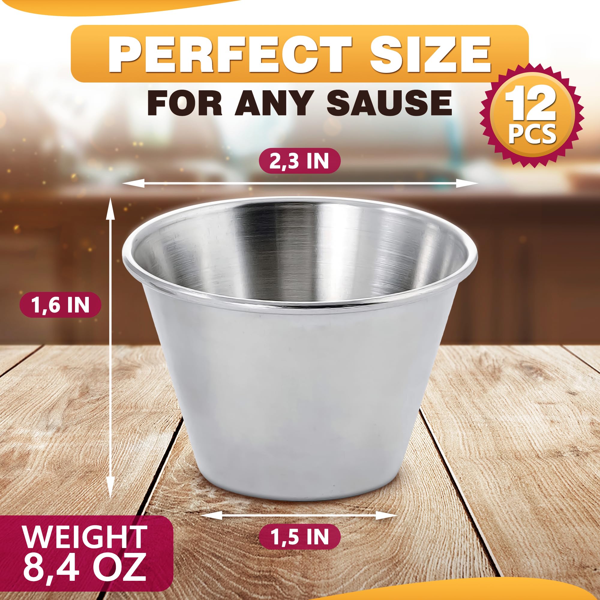 12Pcs Round Stainless Steel Sauce Cup - 2.5 Oz Dipping Sauce Cups Reusable Small Sauce Bowls Mixing Cups Ramekins with Lids Sauc