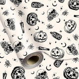 Whaline Halloween Wrapping Paper Mini Roll 17 In x 32.8 Ft Beige Black Skull Pumpkin Viper Gift Wrap Paper for Halloween Wrapp