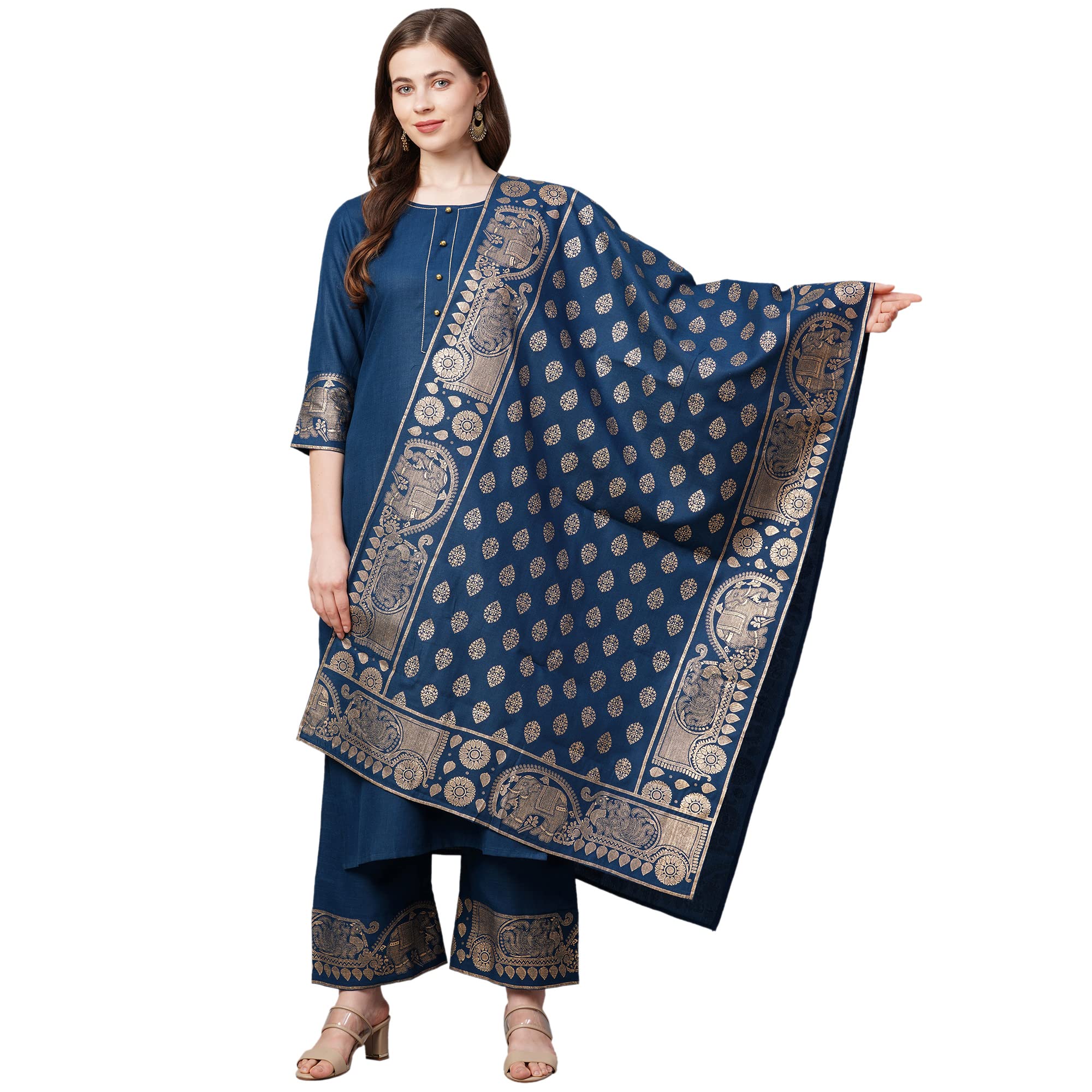 Gosriki Women'S Cotton Straight Kurta With Palazzo & Dupatta (Kpzd-Cot-10098-Blue_S-Go_Blue_Small),Blue,,B09P65VDVD