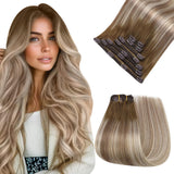 Easyouth Clip in Human Hair Extensions Balayage Clip in Extensions for Women Dark Brown Ombre Light Brown with Blonde Clips in R