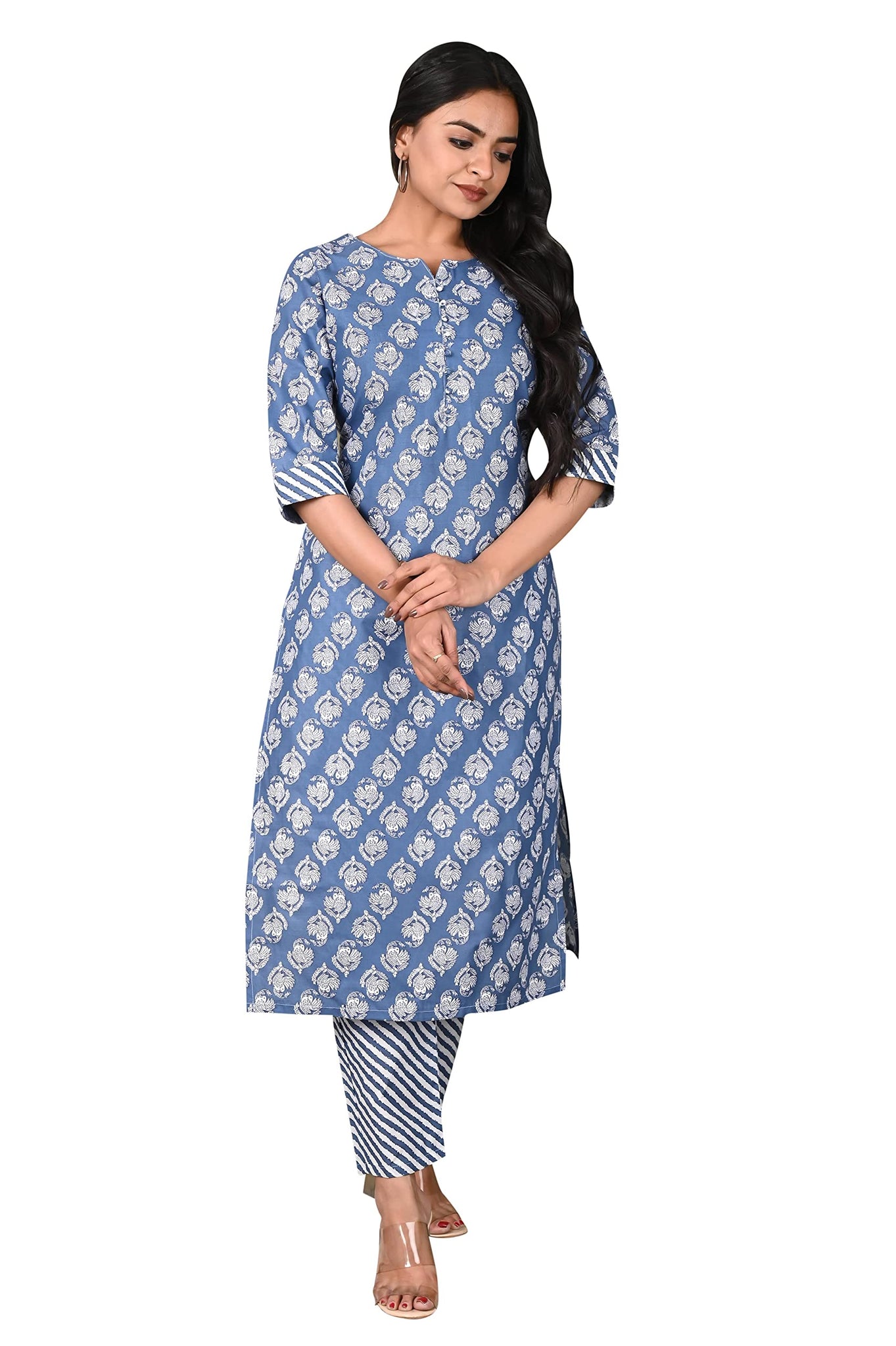 Anni Designer Women'S Cotton Blend Straight Printed Kurta With Pant (Funki Blue_S_Blue_Small),Blue,S