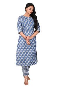 Gosriki Women'S Cotton Blend Straight Printed Kurta With Pant (Funki Blue_Xxl-Go_Blue_Xx-Large),Blue,2,B09ZF7QKLY
