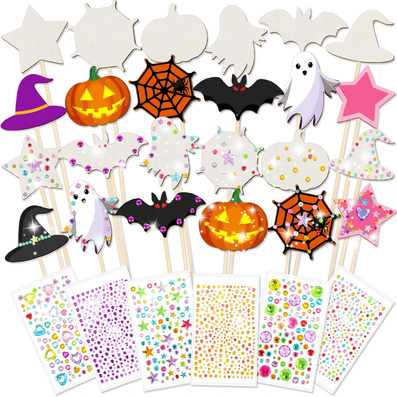 Juexica 24 Pcs Unfinished Wooden Fairy Wands Kit Including 8 Pcs Hat Wands, 8 Star Sticks, 8 Broom Sticks and 6 Sheets Gem Stick