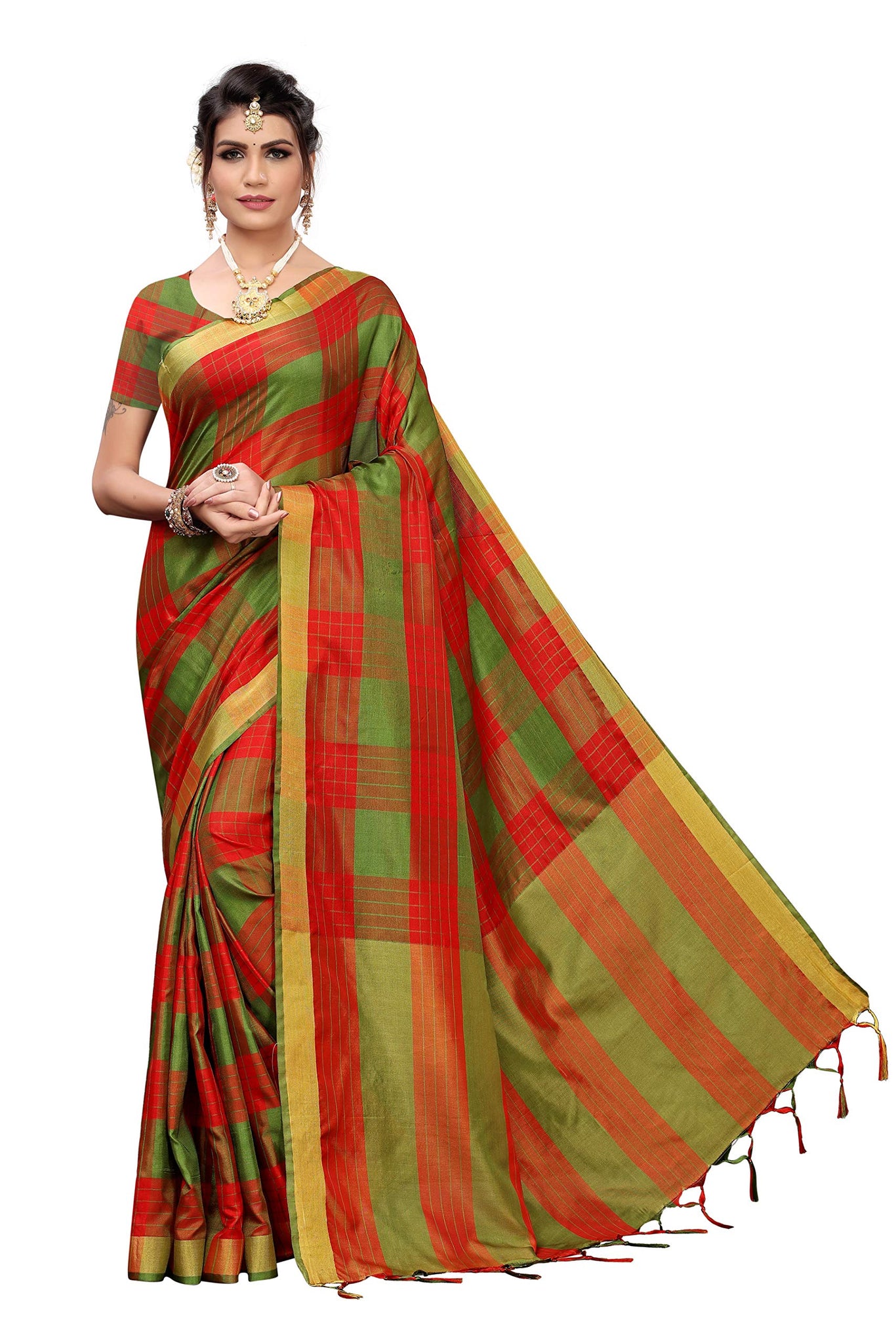 Gosriki Women'S Red Color Art Silk Checks Saree Border Tassels With Blouse Piece(New-Ikkat Box Red_Free Size),Red,,B07XXSXWPD