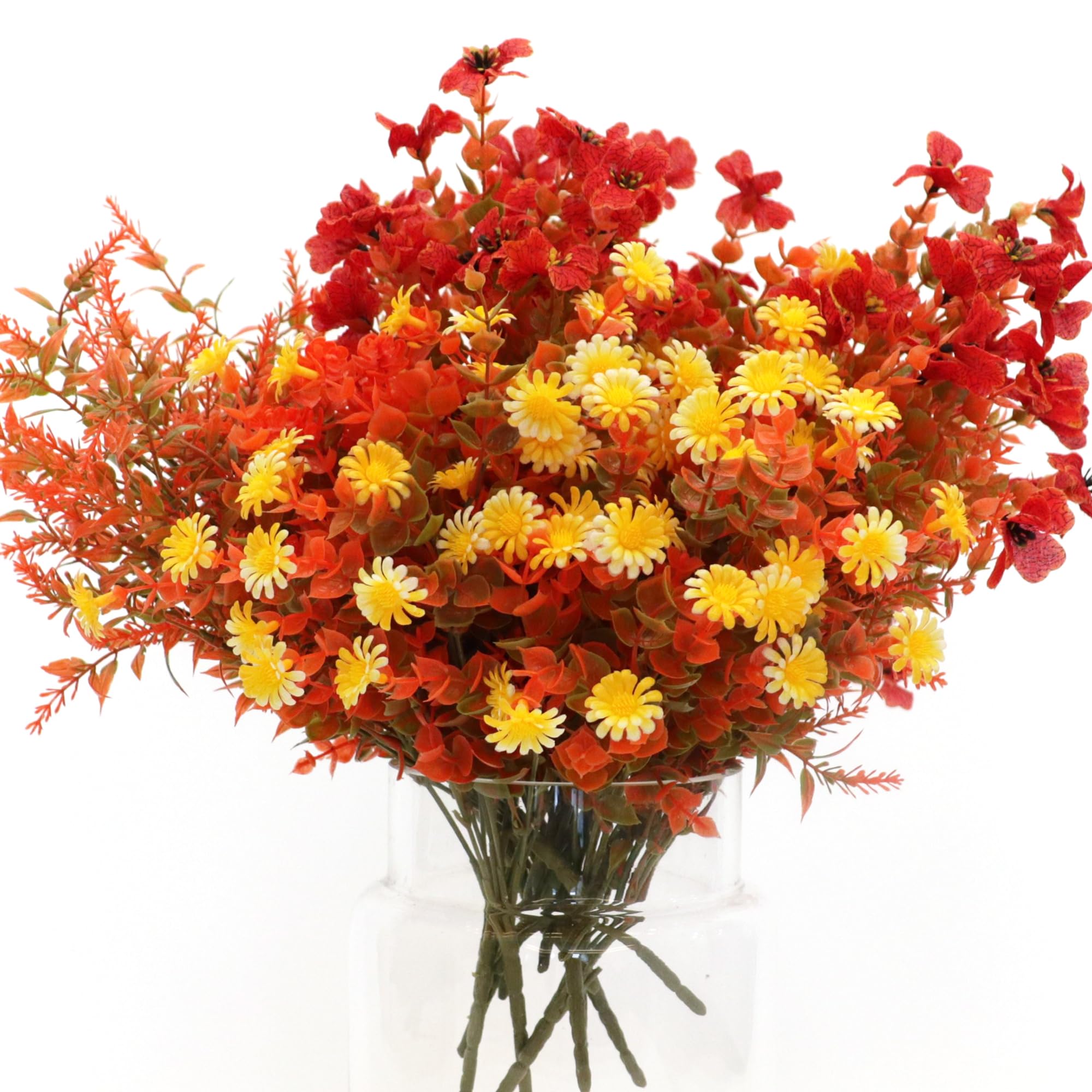 16 Bundles Artificial Fall Flowers for Outdoors, Fake UV Resistant Plants Faux Plastic Shrubs Fake Greenery for Garden Patio Dec