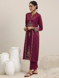 Libas Womens Woven Design Wool Straight Kurta With Trousers And Dupatta Pink Xl