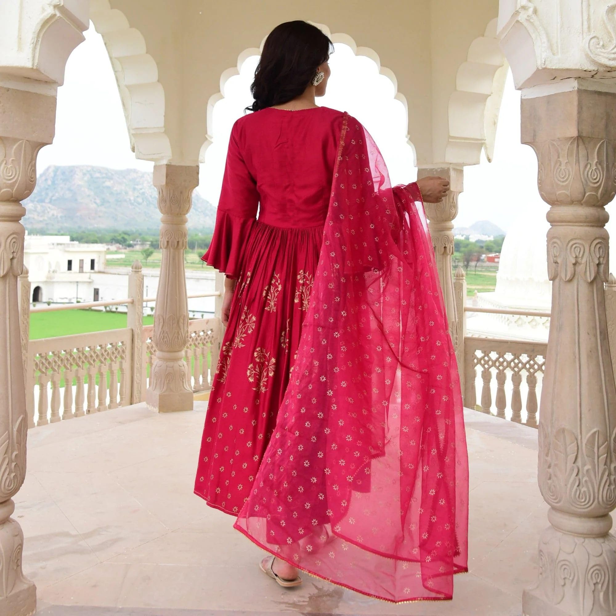Gosriki Women'S Rayon Blend Anarkali Printed Kurta With Pant & Dupatta (Kundavai Pink-Gs_S_Pink_Small),Pink,,B0DLGKP21C