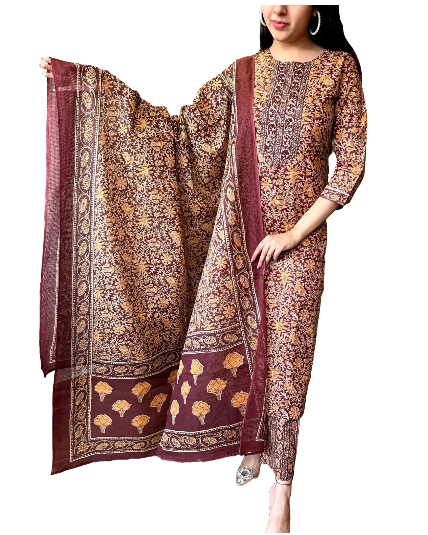Anni Designer Women'S Rayon Blend Straight Printed Kurta With Pant & Dupatta (Maslona Maroon_Xl_Maroon_X-Large),Maroon,XL,,,