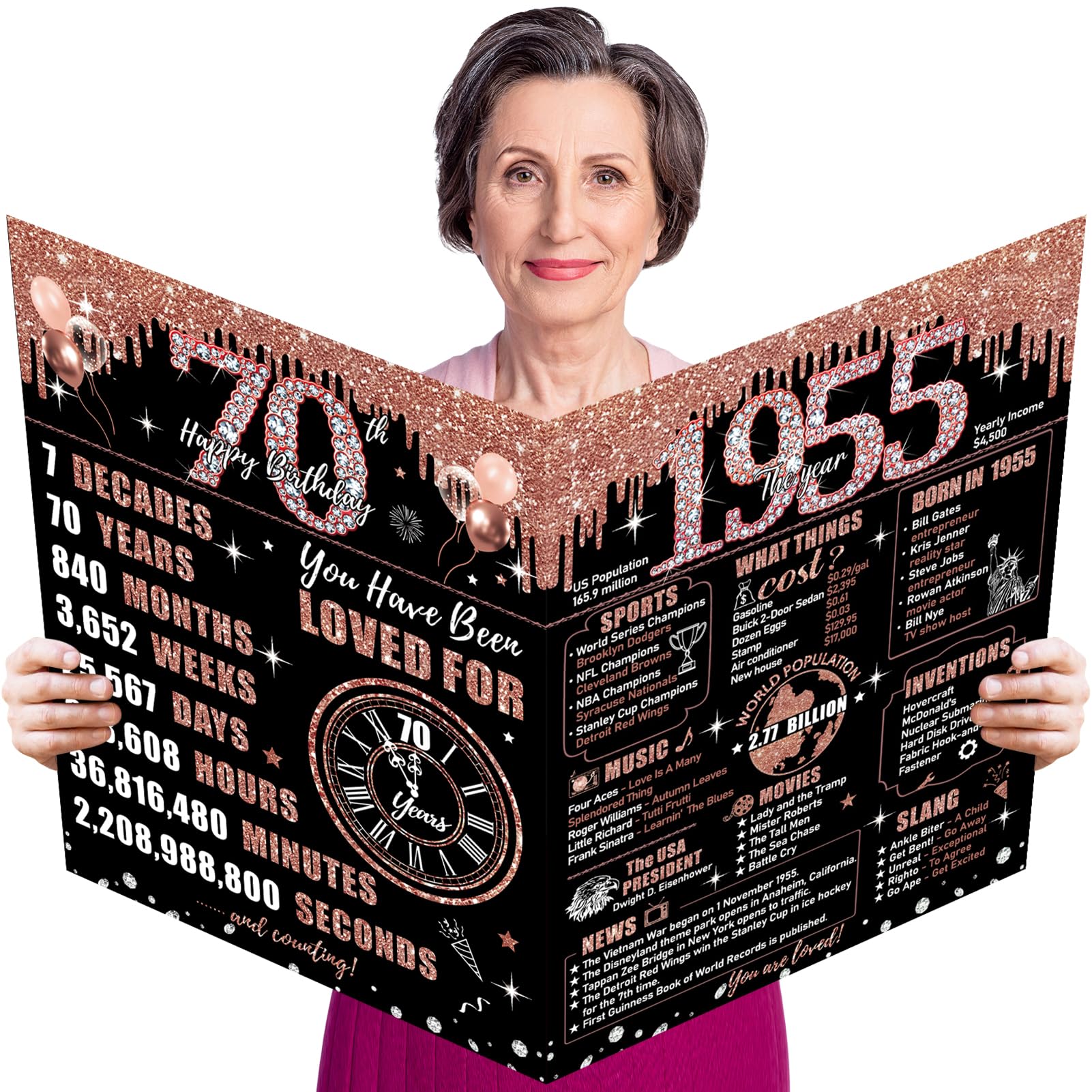 Uiorgui Large 70th Birthday Card for Women with Envelope, Black Rose Gold Happy 70th Birthday Guest Book Gifts Jumbo Seventy Gre