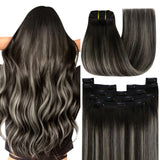 YoungSee 150G Clip in Human Hair Extensions Ombre Clip in Extensions with Lace Real Human Hair Black and Silver with Black Roots