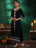 Libas Womens Embroidered Cotton Straight Kurta With Trousers And Dupatta Black Xl