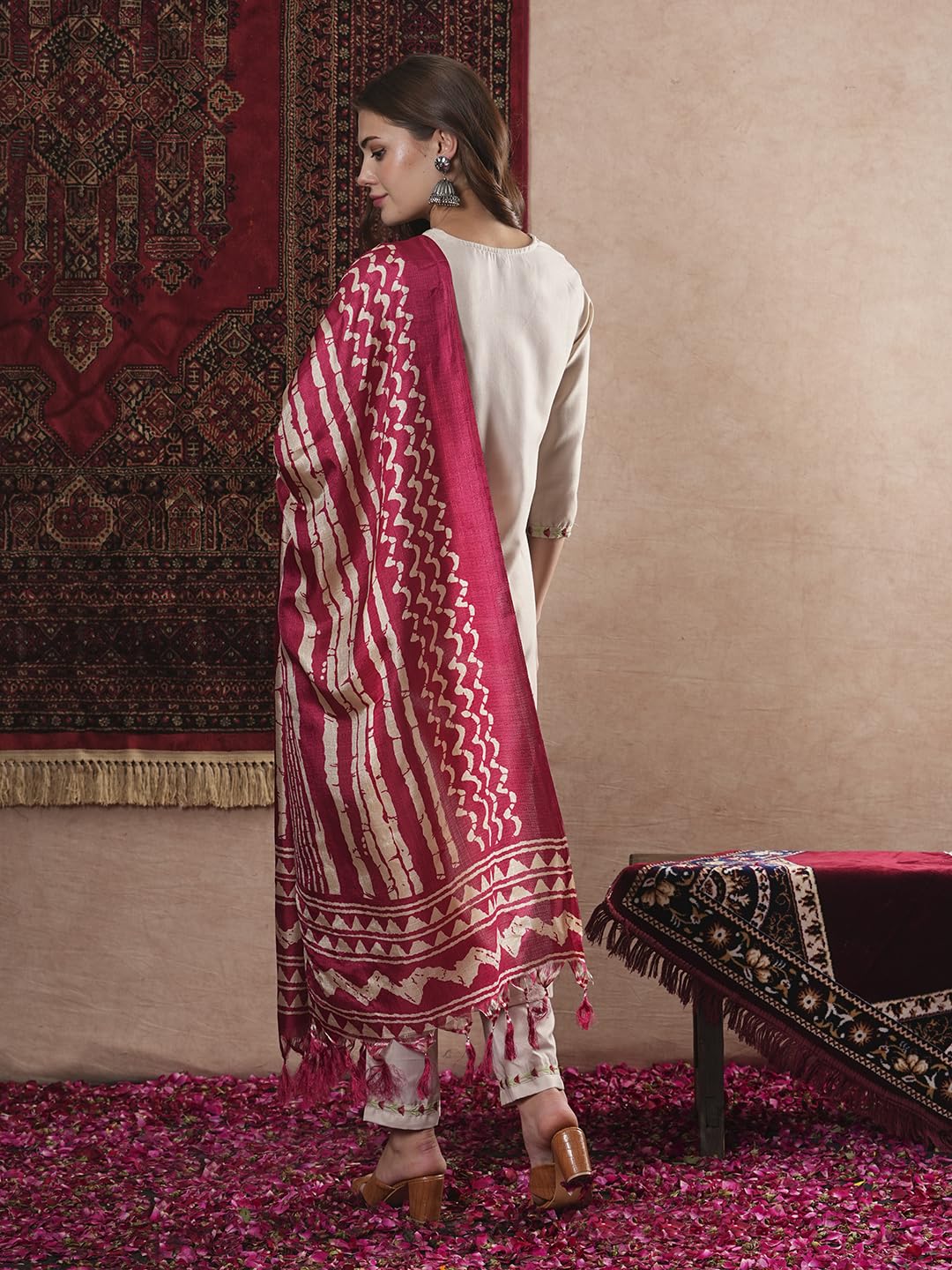 Anni Designer Women'S Cotton Blend Straight Embroidered Kurta With Pant & Dupatta (Dd Beige-Vks07_L_Beige_Large),Beige,L,Rayon Blend,Regular,