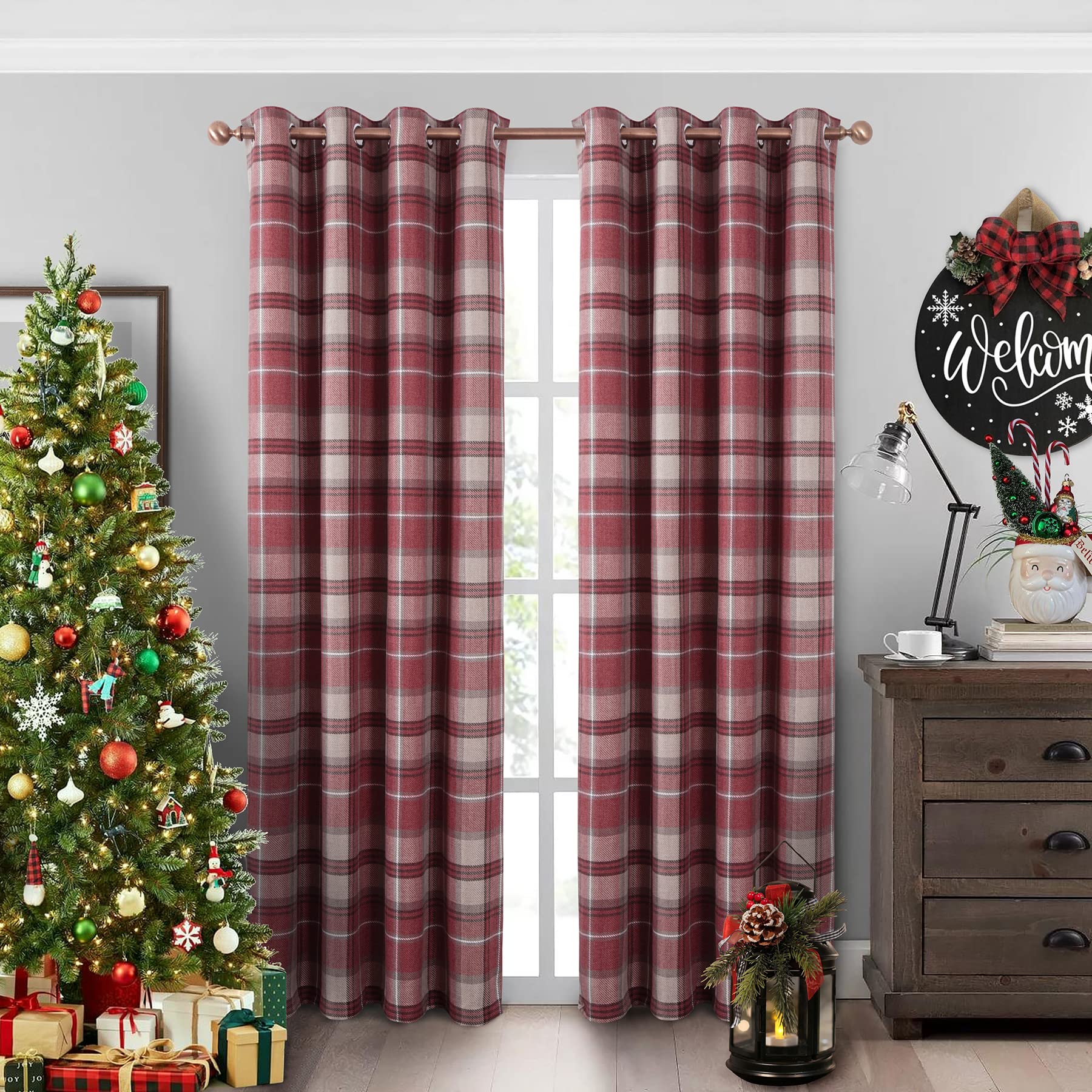 Always4U Plaid Curtains Highland Woolen Look Modern Classic Window Drapes Red Check Tartan Curtains For Living Room Bedroom 2 Pa
