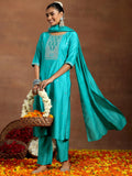 Libas Gerua Womens Embroidered Silk Blend Straight Kurta With Trousers And Dupatta Blue 2Xl Gs945