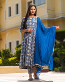 Anni Designer Women'S Rayon Blend Bagru Printed Anarkali Kurta With Pant & Dupatta (Sukhkarni-Blue_M_Blue_Medium),Blue,M,,,