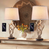 Dungoo 26 Rustic Antler Table Lamp Set of 2 for Living Room with USB Port