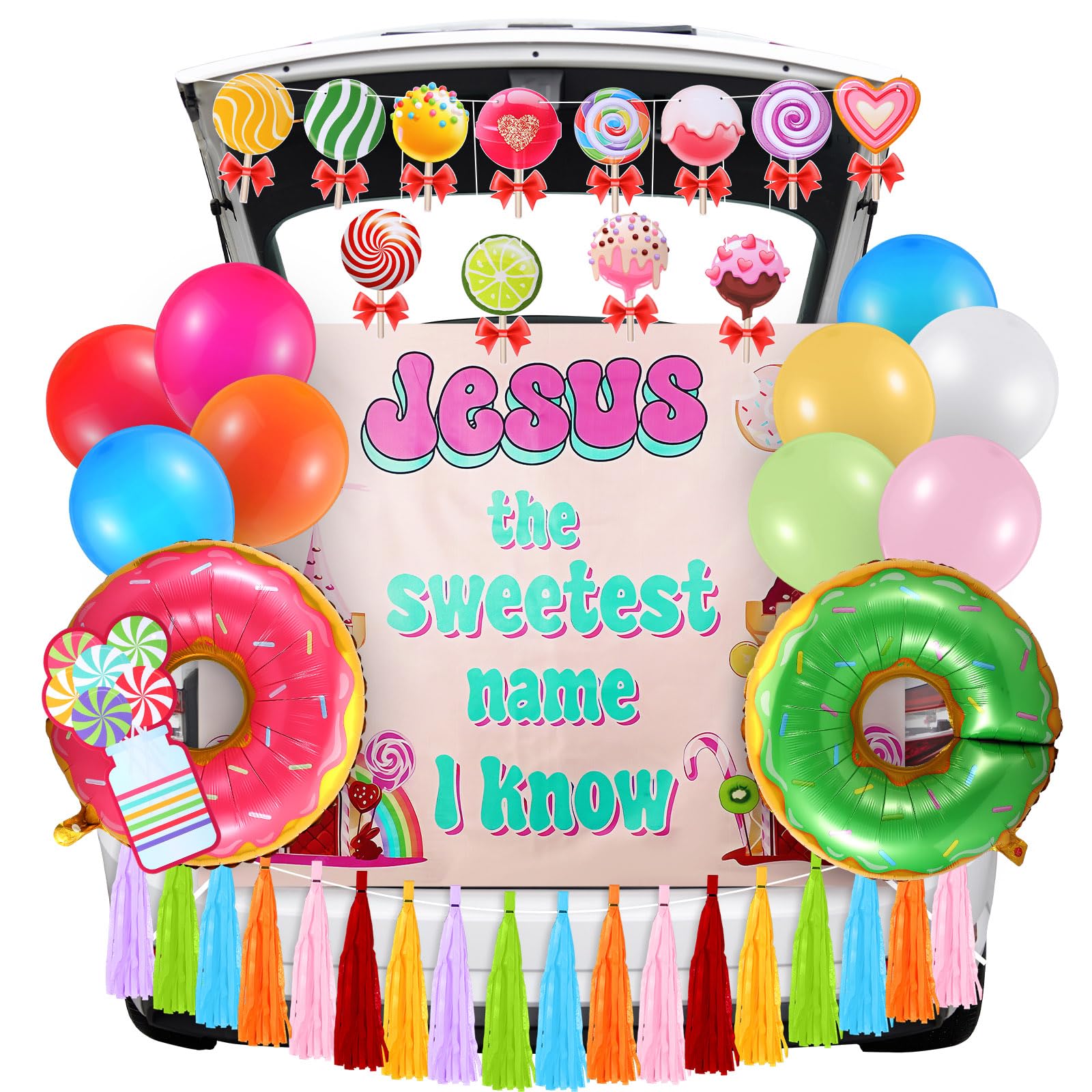 73 Pcs Halloween Religious Trunk or Treat Car Decorations Kits Candy Car Archway Garage Decorations, Jesus the Sweetest Name I K
