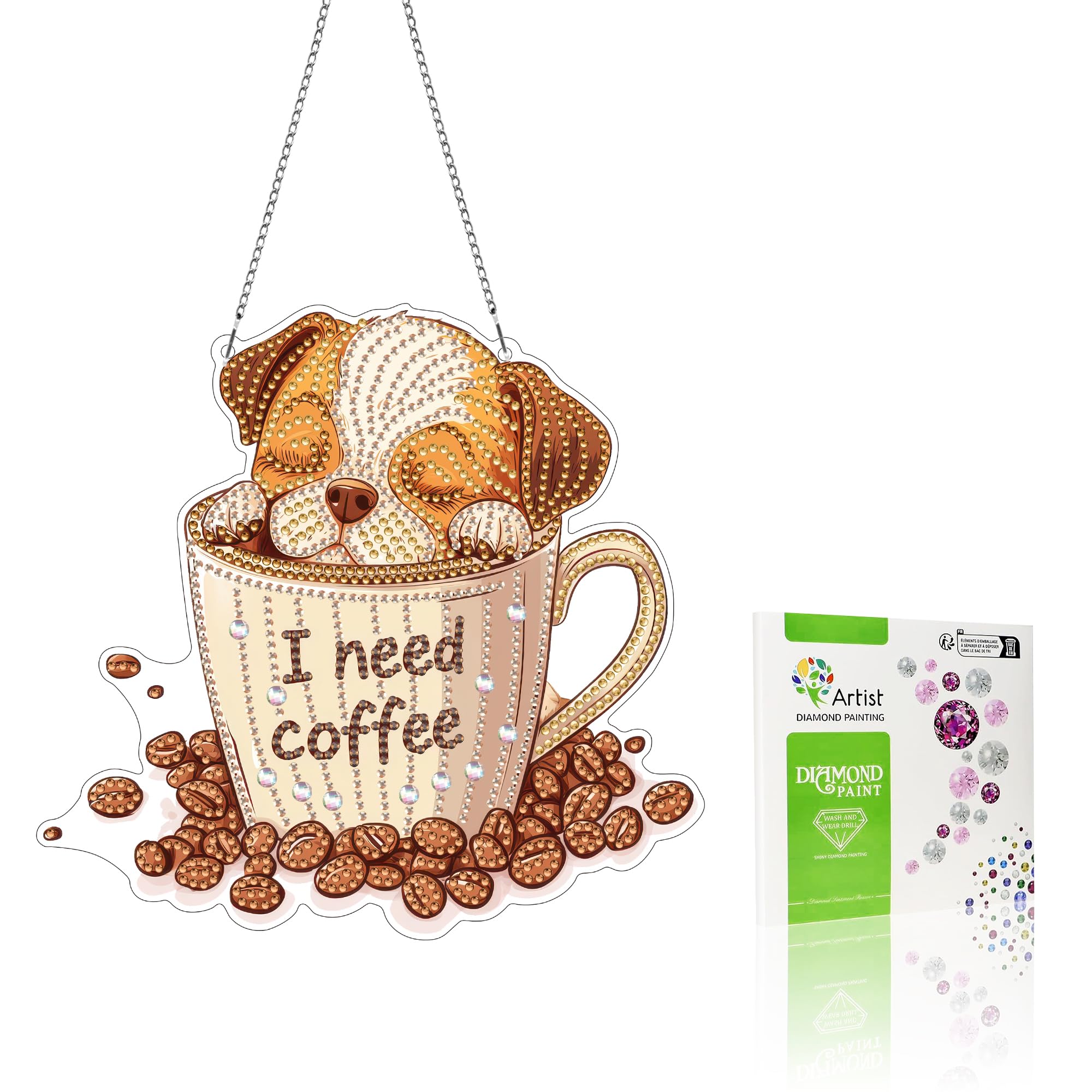 VAIIEYO Dog Diamond Art Hanging Ornament, Animal Diamond Painting Suncatchers Window Hanging Kit with Chain, 7.5x7.5 inch Crysta