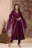 Anni Designer Women'S Rayon Blend Anarkali Solid Kurta With Pant & Dupatta (Nirmooha Wine-Vks01_M_Wine_Medium),Wine,M,,,