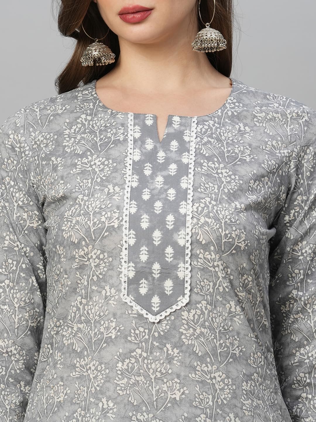 Gosriki Women'S Cotton Blend Straight Printed Kurta With Pant Set (Srinath-Grey-Gs_Xl_Grey_X-Large),Grey,,B0CFFF47NQ