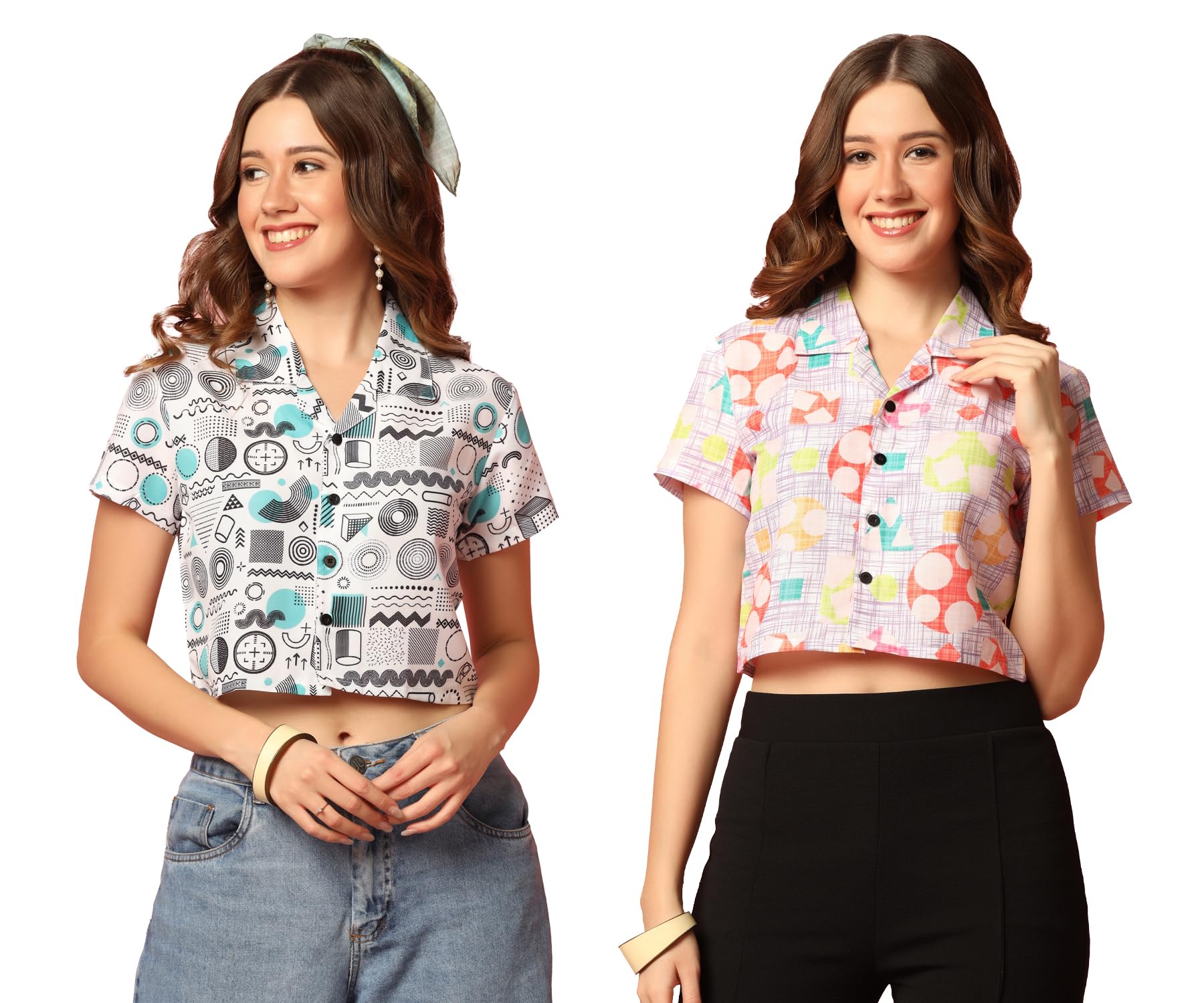 Toplot Women'S Casual Printed Crop Shirt With Half Sleeve Pack Of 2 (Combo-5059-Mlt-Rou-Xs),Multi-Round,,B0CFTW2Z2J