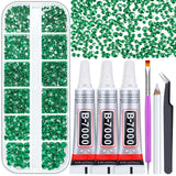 Audab B7000 Jewelry Adhesive with Rhinestones for Crafts, 2100Pcs Flat Back Gems Green Crystal Rhinestones with Tweezer Dotting 