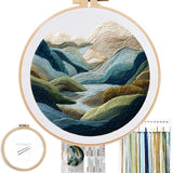 FONNUY Embroidery Kit for Beginners, Nature Hills Landscape Pre-Stamped Pattern Kits for Adults with Hoop, Easy to Follow Color 