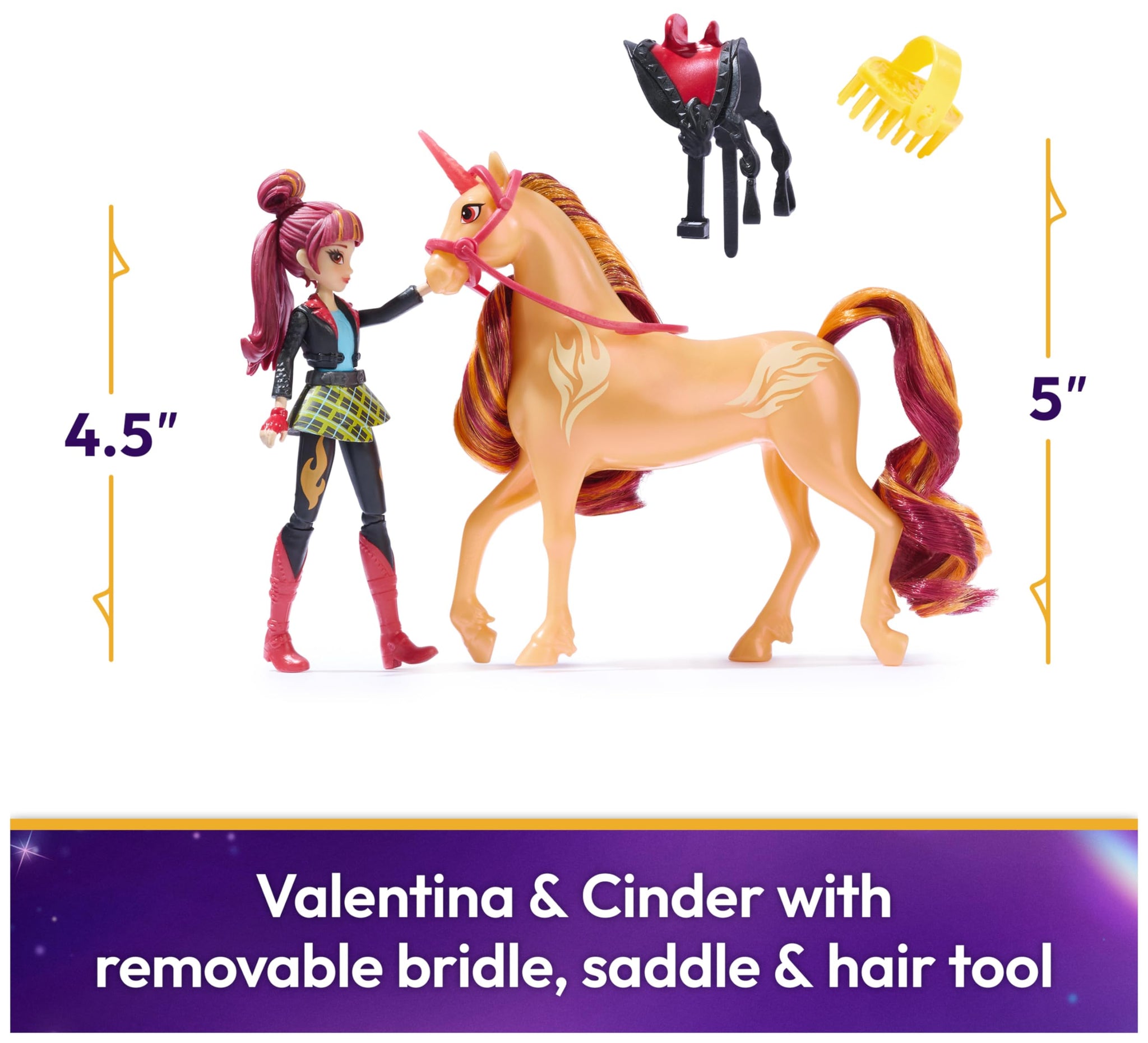 Unicorn Academy, Valentina & Cinder Set with 2 Riding Accessories & Hair Styling Tool, Dolls & Unicorn Toys for Girls Ages 4 and