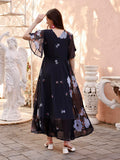 Smowkly Women'S Georgette Floral Printed Indo-Western Ethnic Gown || Half Sleeve V Neck Fit & Flare Flared Hem Design || Casual Wear A-Line Maxi Dress 1325_Nbl_L Navy Blue