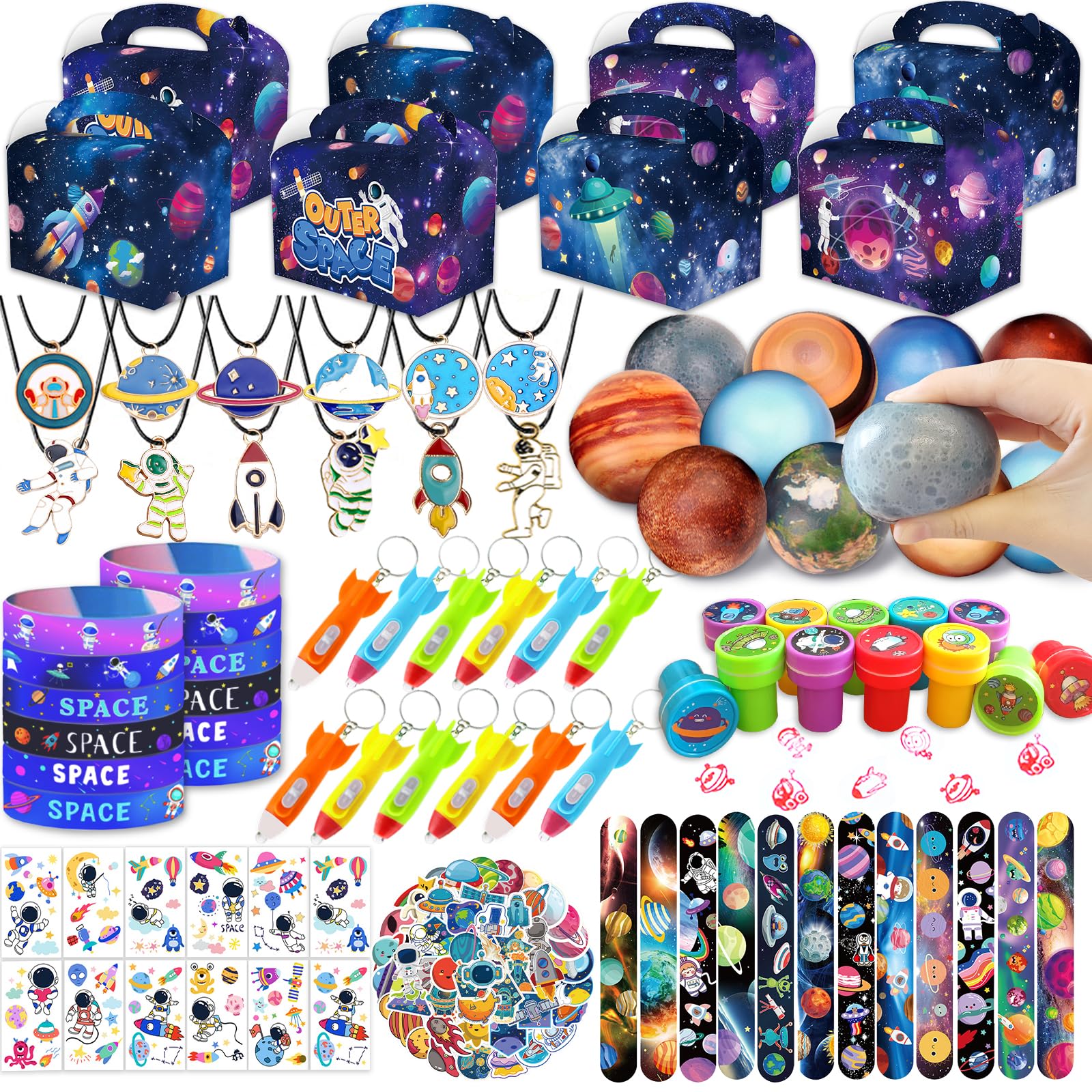 Bluegogo 151Pcs Space Party Favors, Space Birthday Party Decorations Include Stress Ball Bracelet Tattoo Stickers Stamp, Necklac