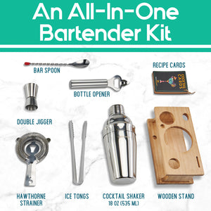 Mixology Bartender Kit - 8-Piece Cocktail Shaker Set with Wood Stand, Recipe Cards, and Bar Accessories Ideas (Silver)