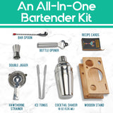 Mixology Bartender Kit - 8-Piece Cocktail Shaker Set with Wood Stand, Recipe Cards, and Bar Accessories Ideas (Silver)