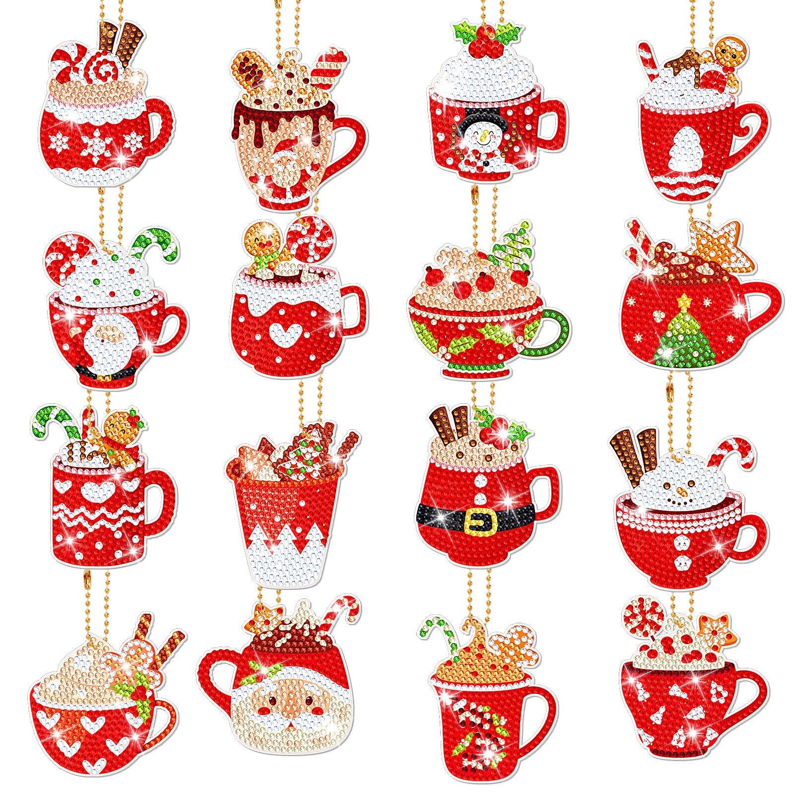 Kaiolbly 16Pcs Christmas Art Painting Keychain Kits 5D DIY Diamond Key Chain Hot Cocoa Hanging Ornaments Tags Tree Decor Handmad