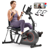 Sunny Health & Fitness Smart Recumbent Bike w/Workout Bands, 300LB Capacity Compact Equipment for Indoor Full-Body Exercise, Adj