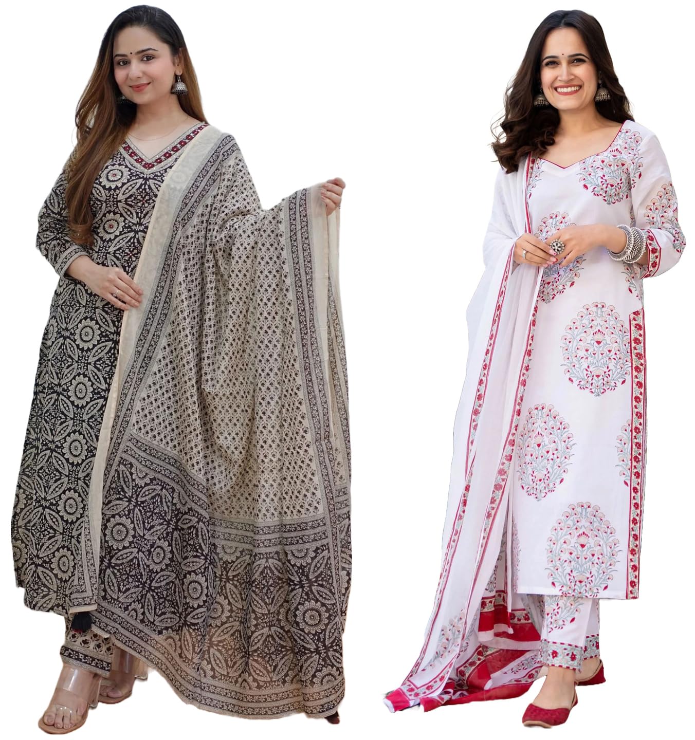 Anni Designer Women'S Cotton Blend Printed Straight Kurta With Pant & Dupatta Pack Of 2 (Combo-Nihira Cream-Cup-Off White_Multicolor_Small),Multicolour,S