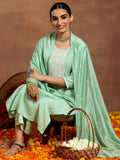 Libas Gerua Womens Embroidered Silk Blend Straight Kurta With Trousers And Dupatta Green Xs